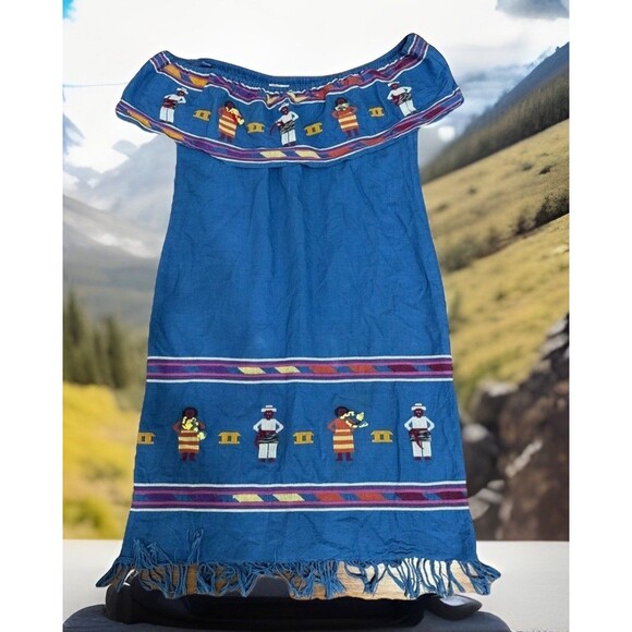 VINTAGE HANDWOVEN GUATEMALA MAYAN Long Off Shoulder Dress‎ L - Picture 1 of 7